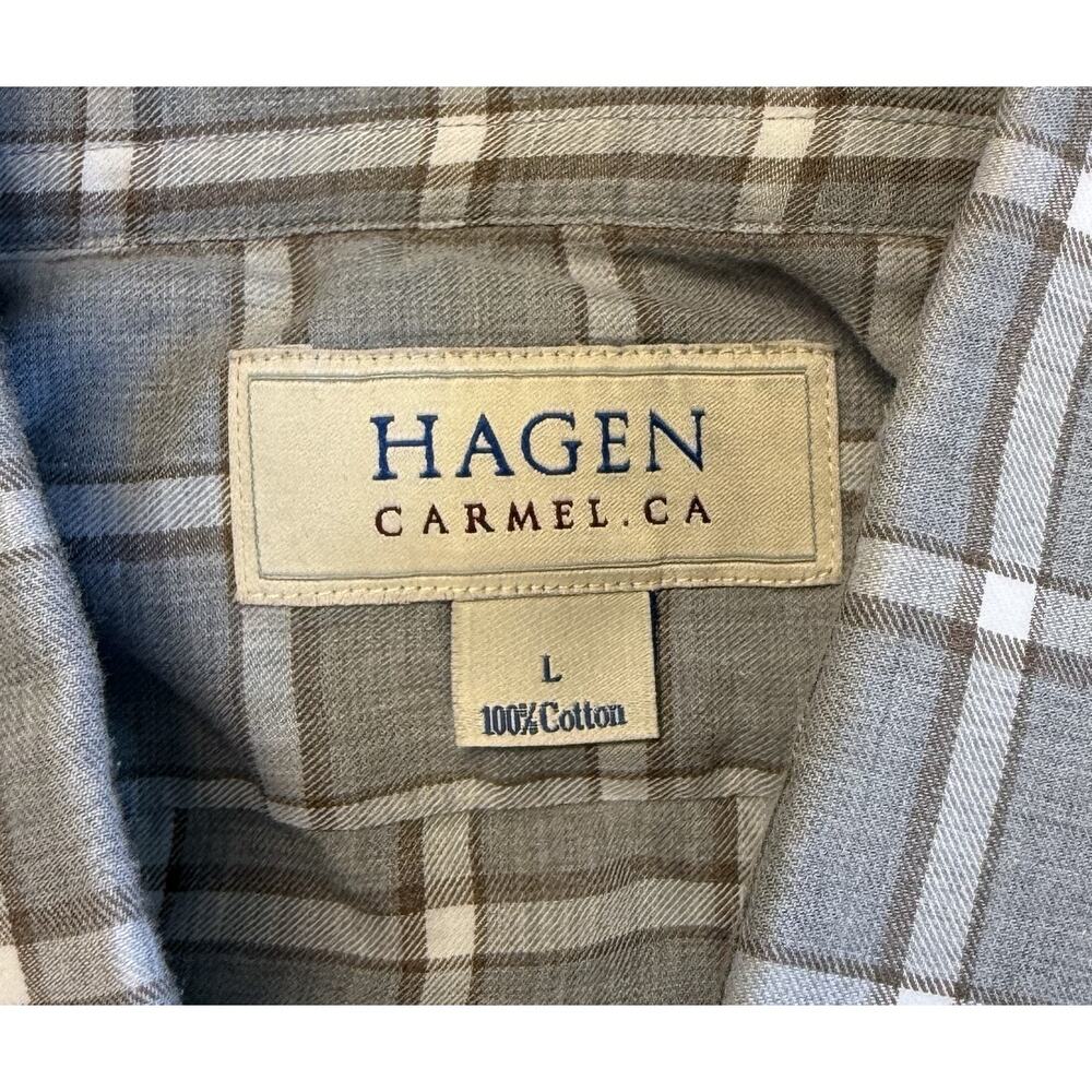 Hagen Carmel CA mens shirt large gray brown white plaid Preppy Designer